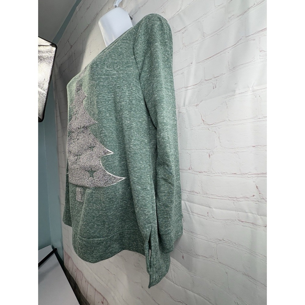 Women's Christmas Tree Long Sleeve Tshirt Green Silver Small Holiday Top - Picture 3 of 13